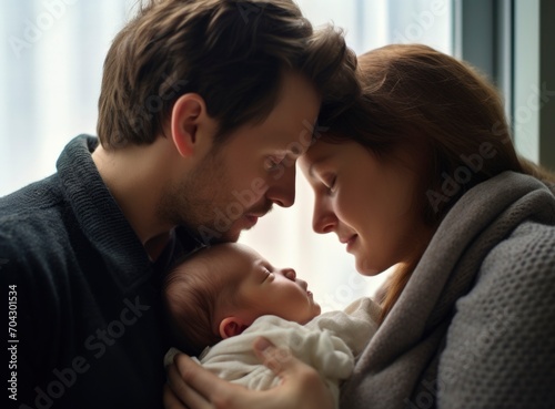 Parents holding newborn baby in arms, Peaceful young married couple enjoying being family