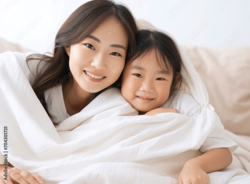 Asian mother hugging child and playing together Asian mother hugging child and playing together