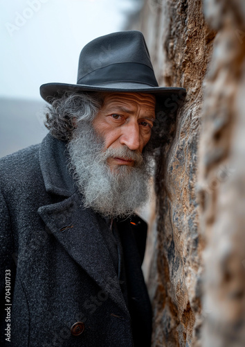 portrait of an old jewish man with long beard, rabbi on a stone wall