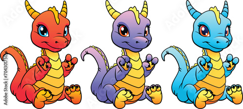 Blue, red, purple dragon. Cartoon symbol of the new year. Vector drawing.
