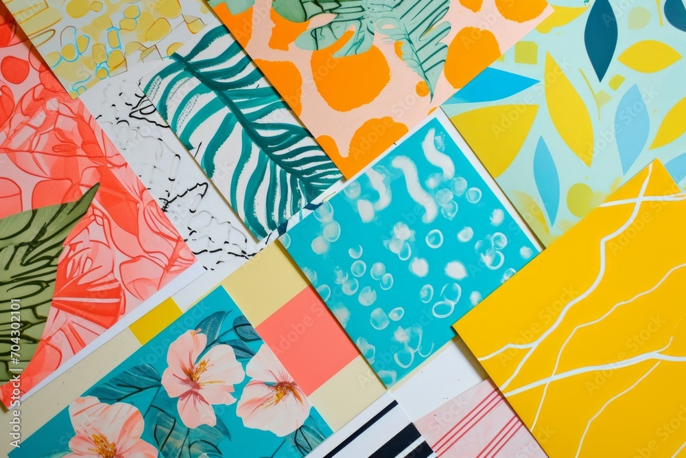 Fototapeta premium Photo of paper sheets flat lay with geometric and floral prints,