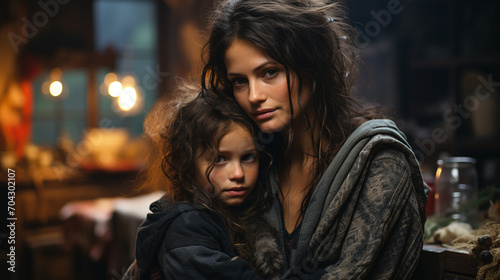 Wallpaper Mural Cozy Haven: Beautiful Portrait of Mother and Daughter in Little Cabin Torontodigital.ca