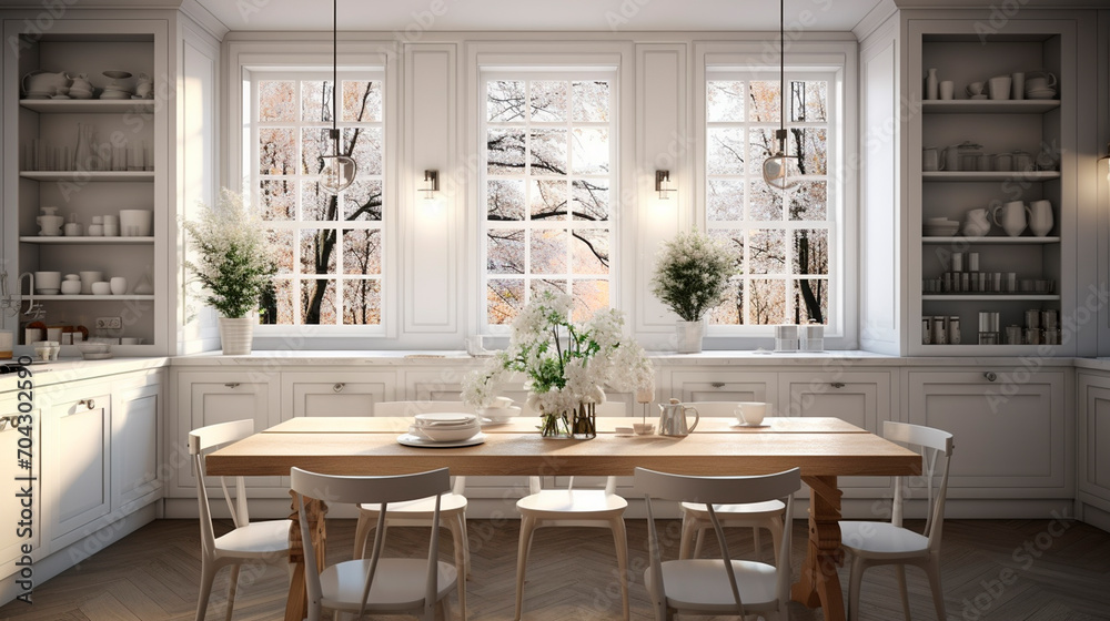 White kitchen with large windows. Selective focus.