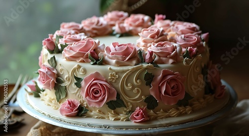 Birthday Cake Decorated with Pink Roses by Jan - AI Generated  