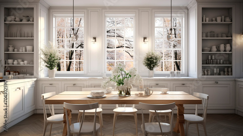 White kitchen with large windows. Selective focus.