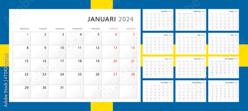 Calendar 2024 in Swedish. Wall quarterly calendar for 2024 in classic minimalist style. Week starts on Monday. Set of 12 months. Corporate Planner Template. A4 format horizontal. Vector graphics
