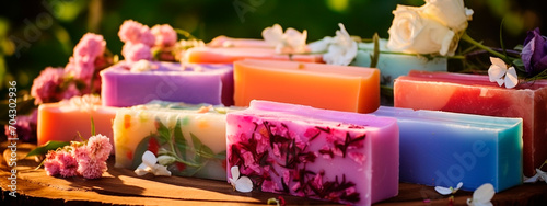 Homemade soap with herbs, berries and fruits. Selective focus.