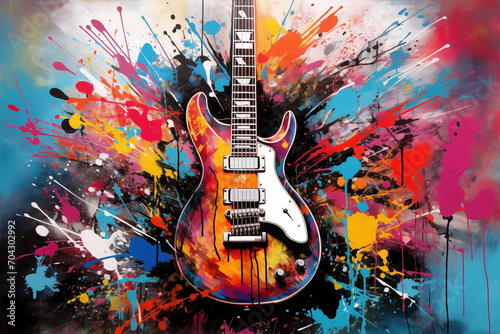 Abstract Guitar Painting in Pop Culture Collage Bursting with Vibrant Colors and Celestialpunk Whimsy