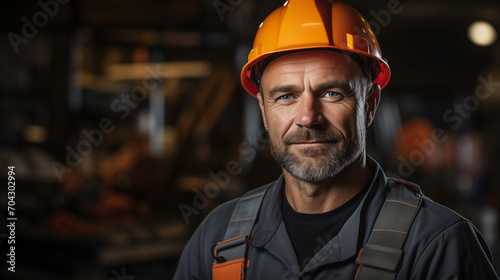 Portrait of a man builder in a helmet on the construction site, concept of civil engineering photo