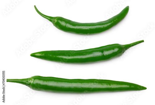 green hot chili peppers isolated on white background clipping path. top view