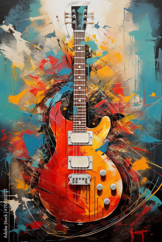 Abstract Guitar Painting in Pop Culture Collage Bursting with Vibrant Colors and Celestialpunk Whimsy