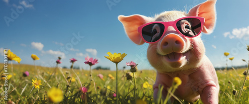 Cute piglet wearing sunglasses in a sunny meadow © KarlitoArt