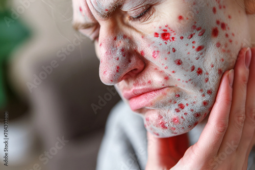 Large spots and pimples acne on the face. the face of an adult with chickenpox. a person with chickenpox, varicella zoster, varicella zoster virus.