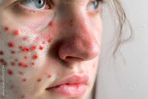 Close-up of Young Woman's Cheeks with Rosacea Couperose Redness Skin Issue photo