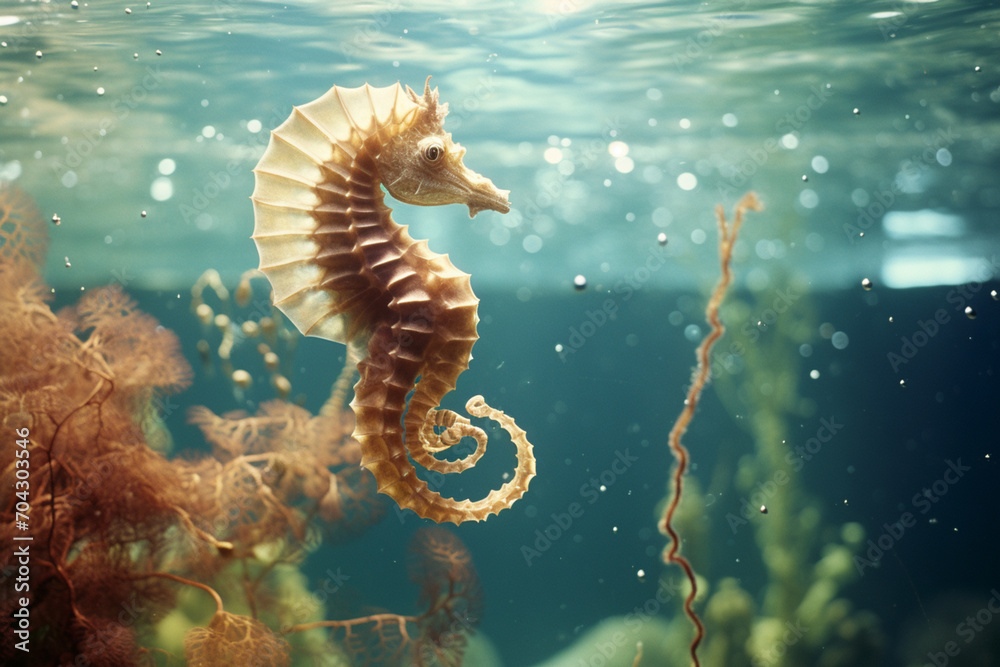 A seahorse depicted with whimsical, swirling underwater shapes.