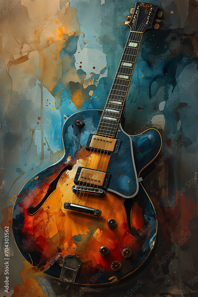Watercolor Painted Guitar in Abstract Harmony, Digitally Enhanced Artistry Unveiled