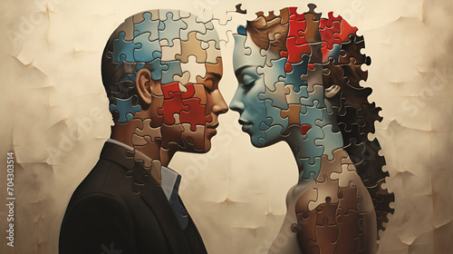 Intertwined male and female profiles made from puzzle pieces, symbolizing human connections. topics of psychological compatibility in love. Psychology of relationships and sexuality