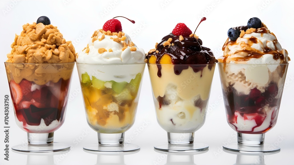 A number of ice cream sundae in glass creamers, with various fillers and flavors. A number of ice cream sundae in glass creamers, with various fillers and flavors.