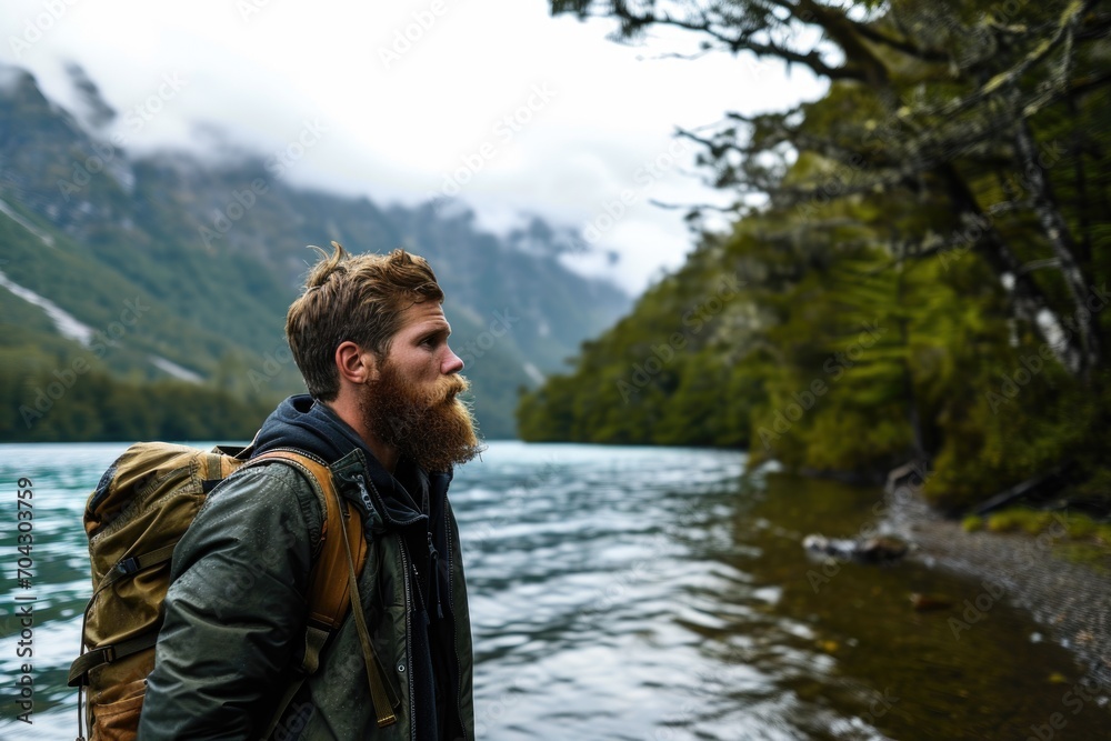 A man with a beard wearing and a backpack looks at the lake against the background of nature and mountains