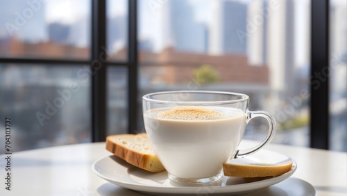 photo of a healthy breakfast of bread and a glass of milk made by AI generative