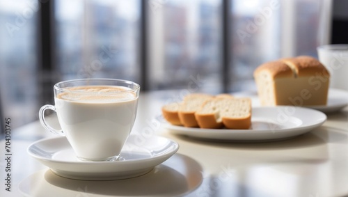 photo of a healthy breakfast of bread and a glass of milk made by AI generative