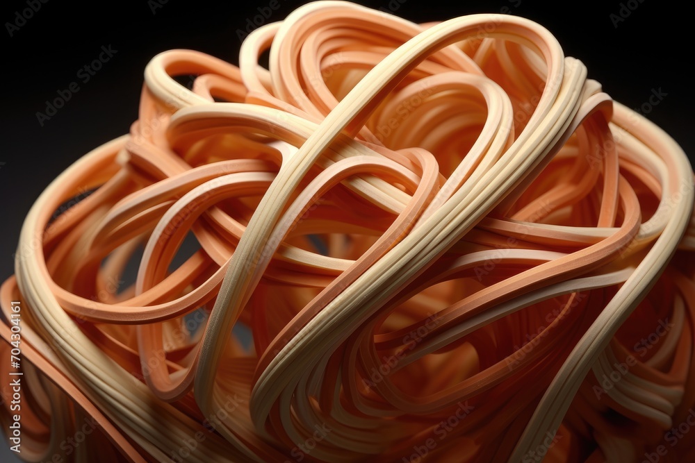 A detailed view of a tightly wound ball composed entirely of rubber bands, A flexible and pliant texture of a rubber band, AI Generated