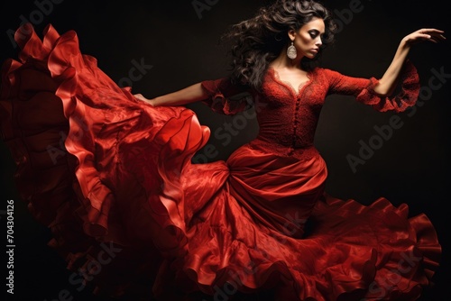 A woman wearing a red dress is gracefully dancing at a lively party, A flamenco dancer in a passionately executed move, AI Generated © Iftikhar alam