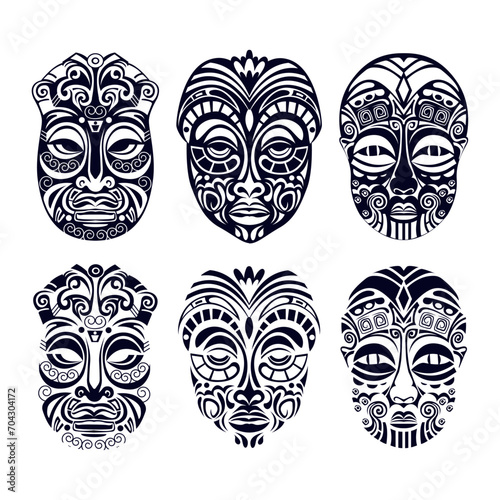 Set of Maori masks on a transparent background