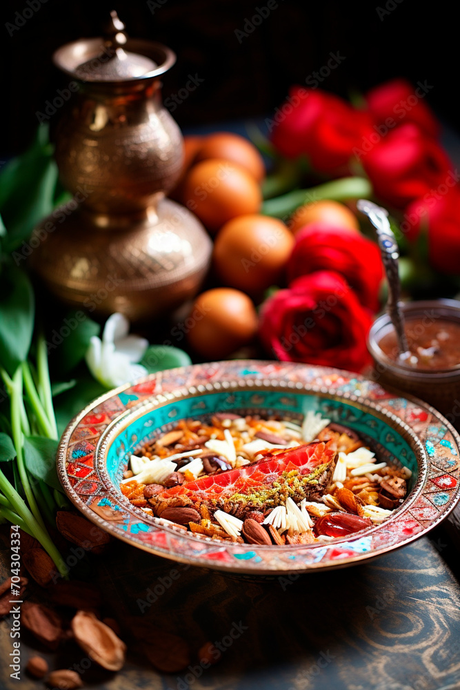 Nowruz treats on the table. Selective focus.