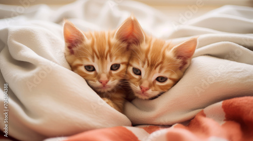 Cute red kittens, close-up portrait. small sleeping pets, feline babies covered with a fluffy blanket.