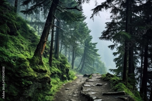 A serene, foggy day captures the essence of this forest trail, inviting peace and tranquility, A foggy mountain-path surrounded by tall, green trees, AI Generated