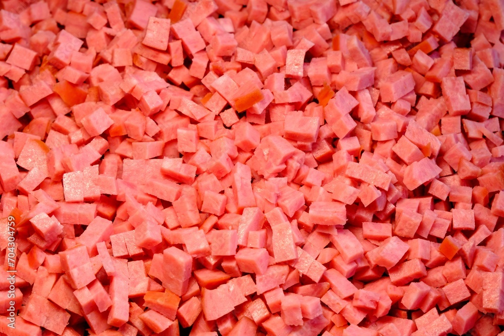 sausage cut into small tiny pieces in large quantities sausage cut into small tiny pieces in large quantities