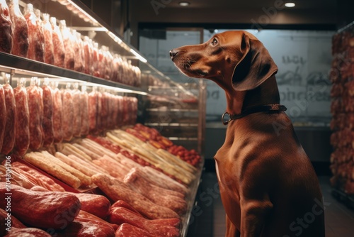 A brown dog looks at a display case with meat in a supermarket. Animal in store