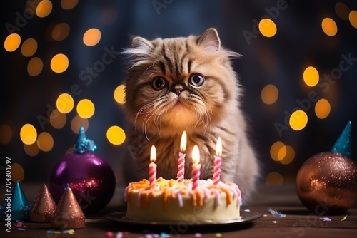 a cute cat and a cake with candles. birthday, cat's day. festive background with bokeh, an atmosphere of celebration.