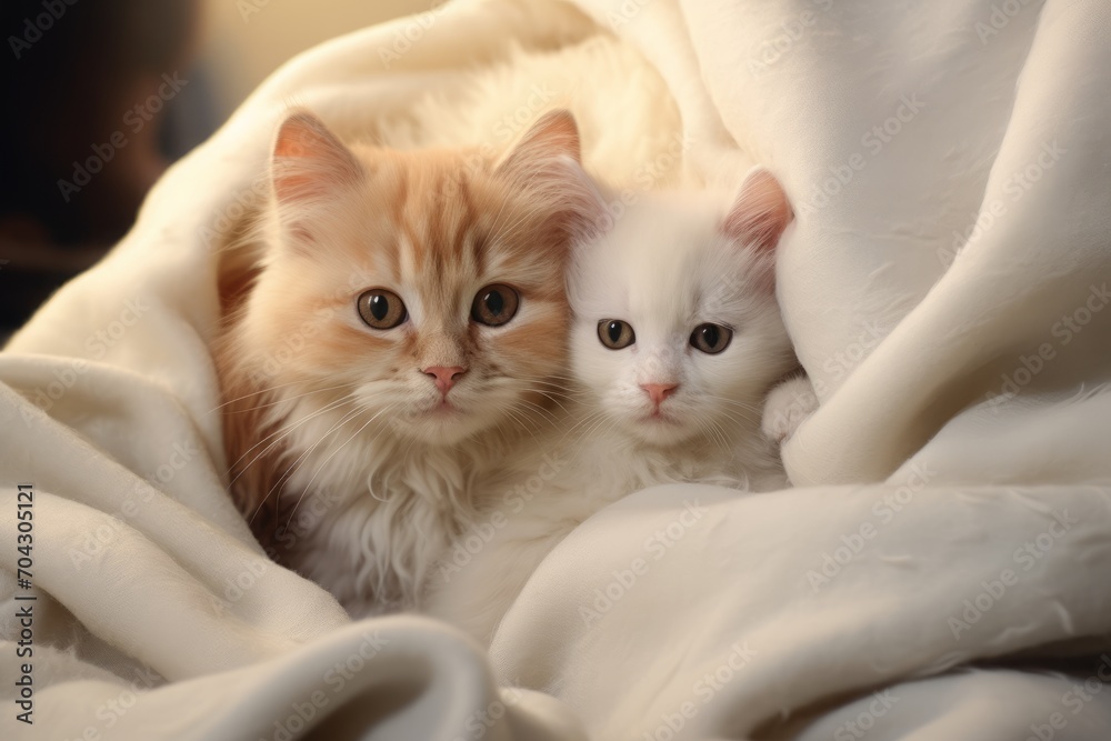 a cat with kittens, sleeping cute little pets wrapped in a warm blanket. a family of animals, feline babies. a cat with kittens, sleeping cute little pets wrapped in a warm blanket. a family of animals, feline babies.