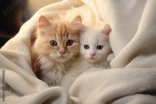 a cat with kittens, sleeping cute little pets wrapped in a warm blanket. a family of animals, feline babies.