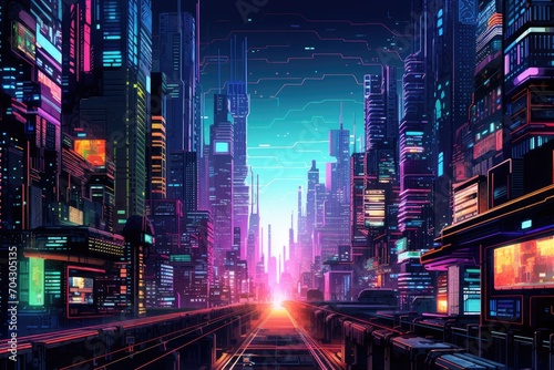 An impressive vision of a modern city with advanced architecture and a high-speed train running on its tracks  A futuristic data-driven metropolis crafted from electric neon hues  AI Generated