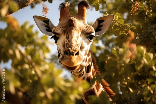 A detailed view of a giraffes head and long neck, A gentle giraffe grazing on tree leaves, AI Generated