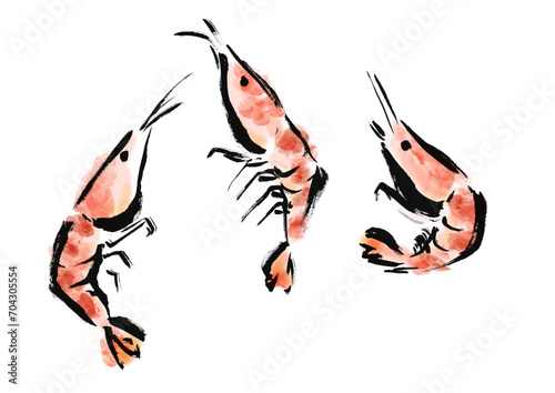 エビが跳ねている和風手描きイラスト