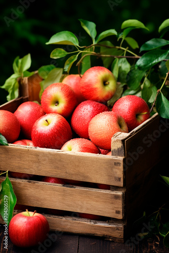 Apple harvest in a box in the garden. Selective focus.