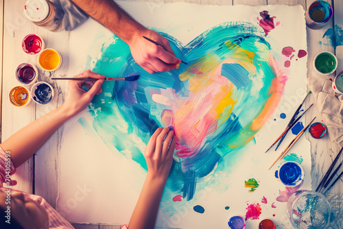 A playful scene of a couple creating heart-shaped art with colorful paint on a canvas during a Valentine's Day art session
