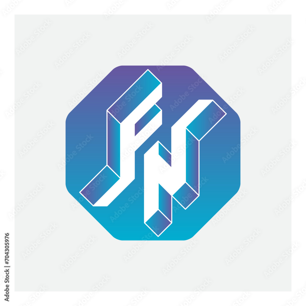 Three-dimension letters F and N on a hexagonal substrate. Isometric 3d font for design. FN - monogram or logotype. Volume alphabet. Three-dimension letters F and N on a hexagonal substrate. Isometric 3d font for design. FN - monogram or logotype. Volume alphabet.