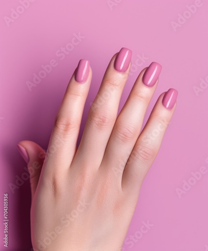 elegant nail design. a woman s hand with a lilac manicure in close-up.
