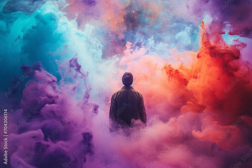 Person Engulfed in Neon Coloured Chalk Smoke Cloud
