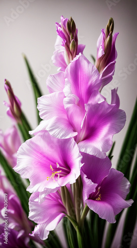 photo close up on light violet gladiolus flower details. generated AI