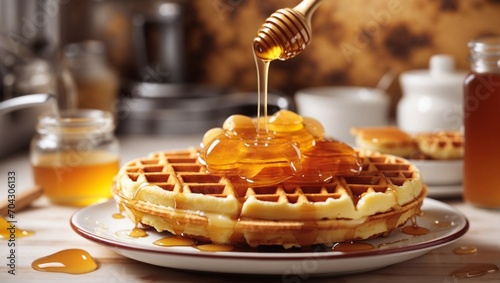 photo of a plate of pancakes with honey toping on the kitchen background made by AI generative