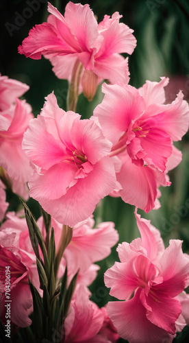 photo close up on pink gladiolus flower details. AI generated