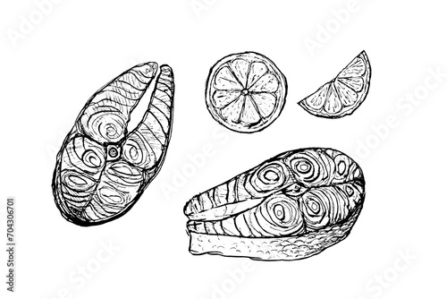 Fish trout steak and lemon slices sketch isolated on white background. Drawing of freshwater fish Salmonidae steak. Dish for fish restaurant, ingredients for recipe.