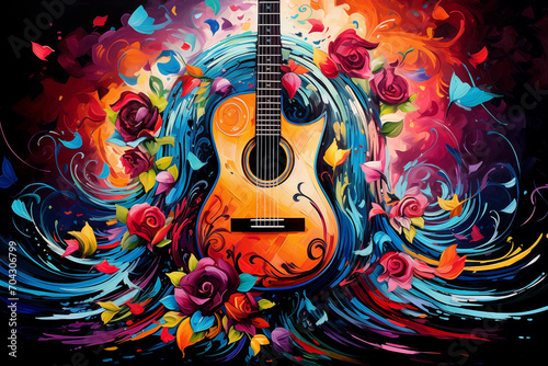 Artistic Painting of Acoustic Guitar Colorful Fantasy on Large Canvas