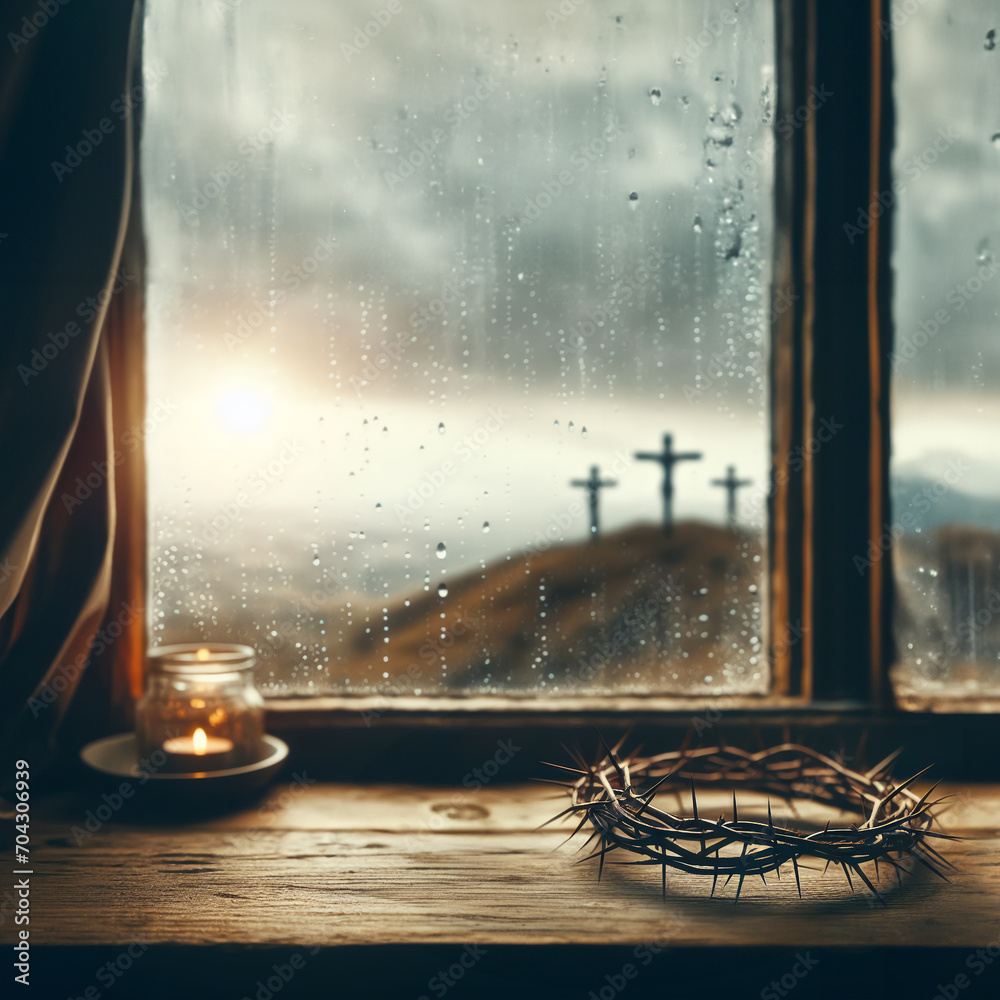 On a rainy day, the crown that Jesus wore is placed by the window, and the cross on Golgotha Hill is visible outside the window.